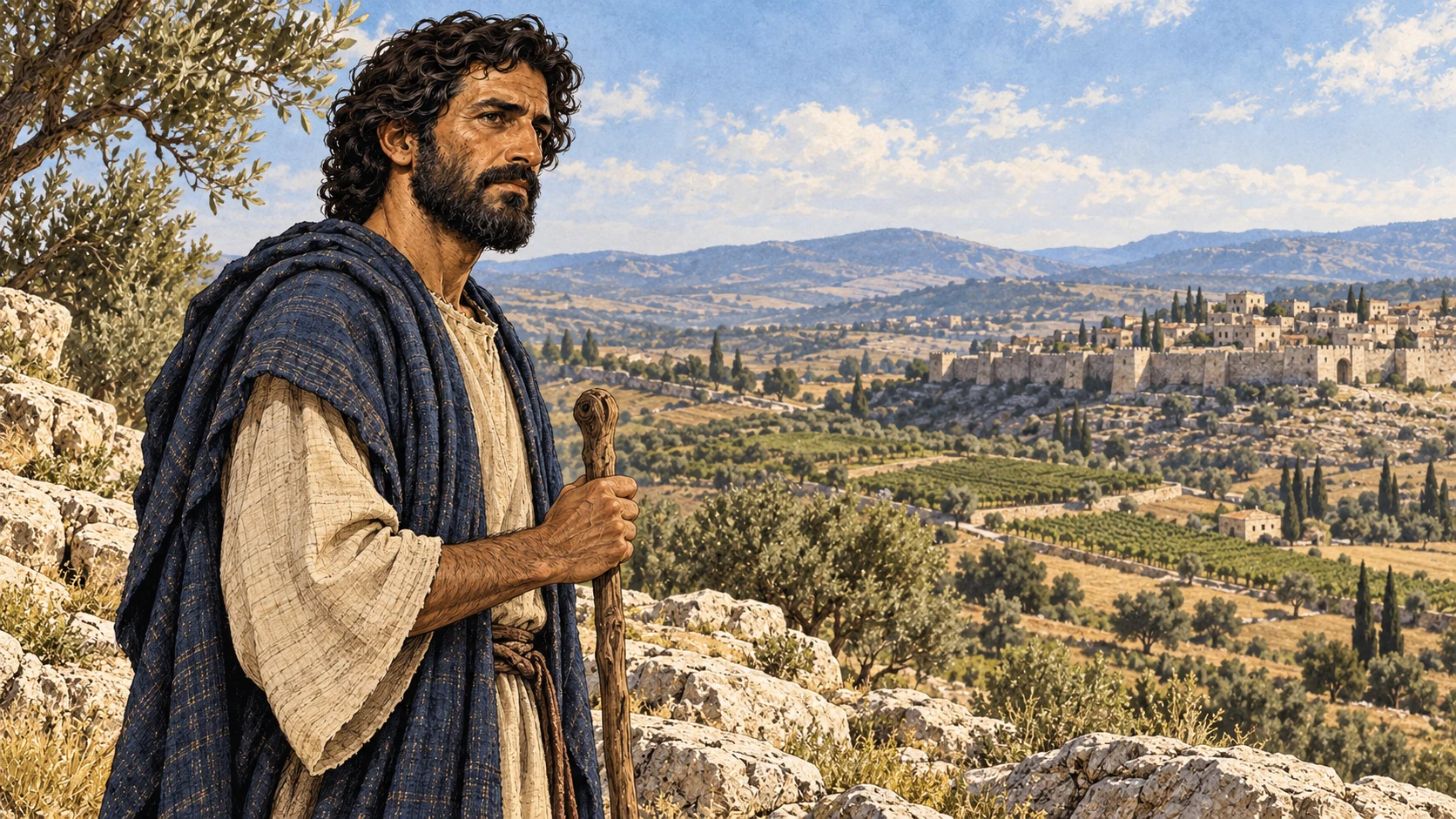 Hosea alone on a northern Israel limestone ridge overlooking cultivated hills and distant walled town; thoughtful medium-wide profile, daylight. Contextual introduction, no scroll lettering, no visible God, no invented vision.