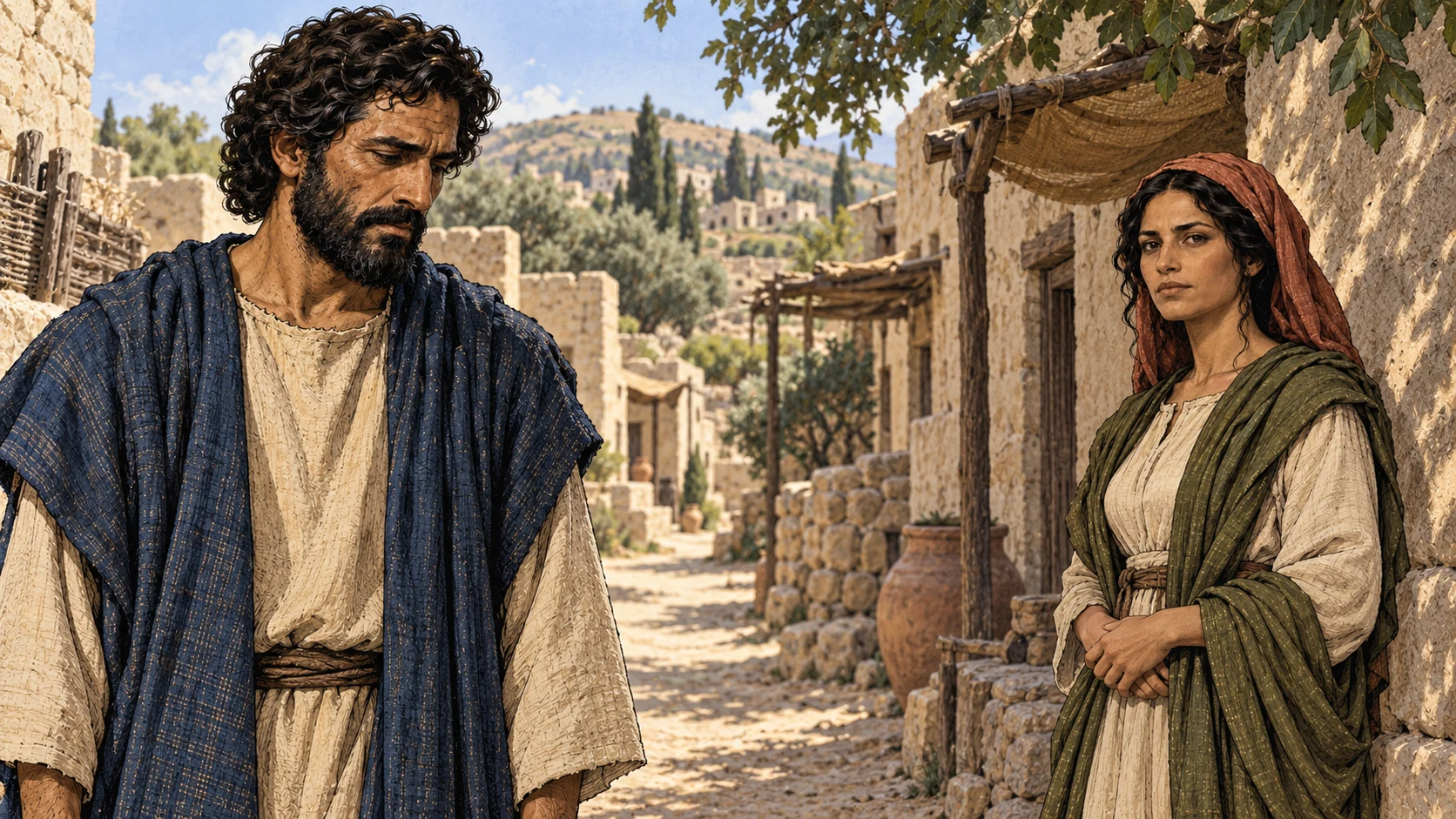 Hosea at left looks down a modest northern Israel village lane; Gomer fully clothed at right in shade, standing separately with a resolute sober expression. A respectful spatial separation; no wedding ceremony invented, no sex, no visible lover, no accusation gesture.