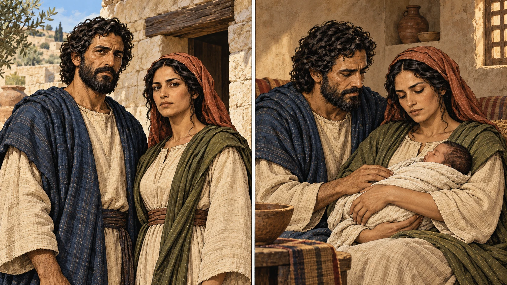 Two clearly separated, ordered narrative views in one 16:9 unlettered diptych asset: LEFT medium exterior view of Hosea and Gomer standing together at a modest limestone household entrance; RIGHT intimate interior view of Gomer seated fully clothed holding a safely swaddled newborn son in muted ochre, Hosea beside her. Same exact faces and wardrobes, time has advanced between views. No invented wedding ritual, no childbirth procedure, no extra relatives.