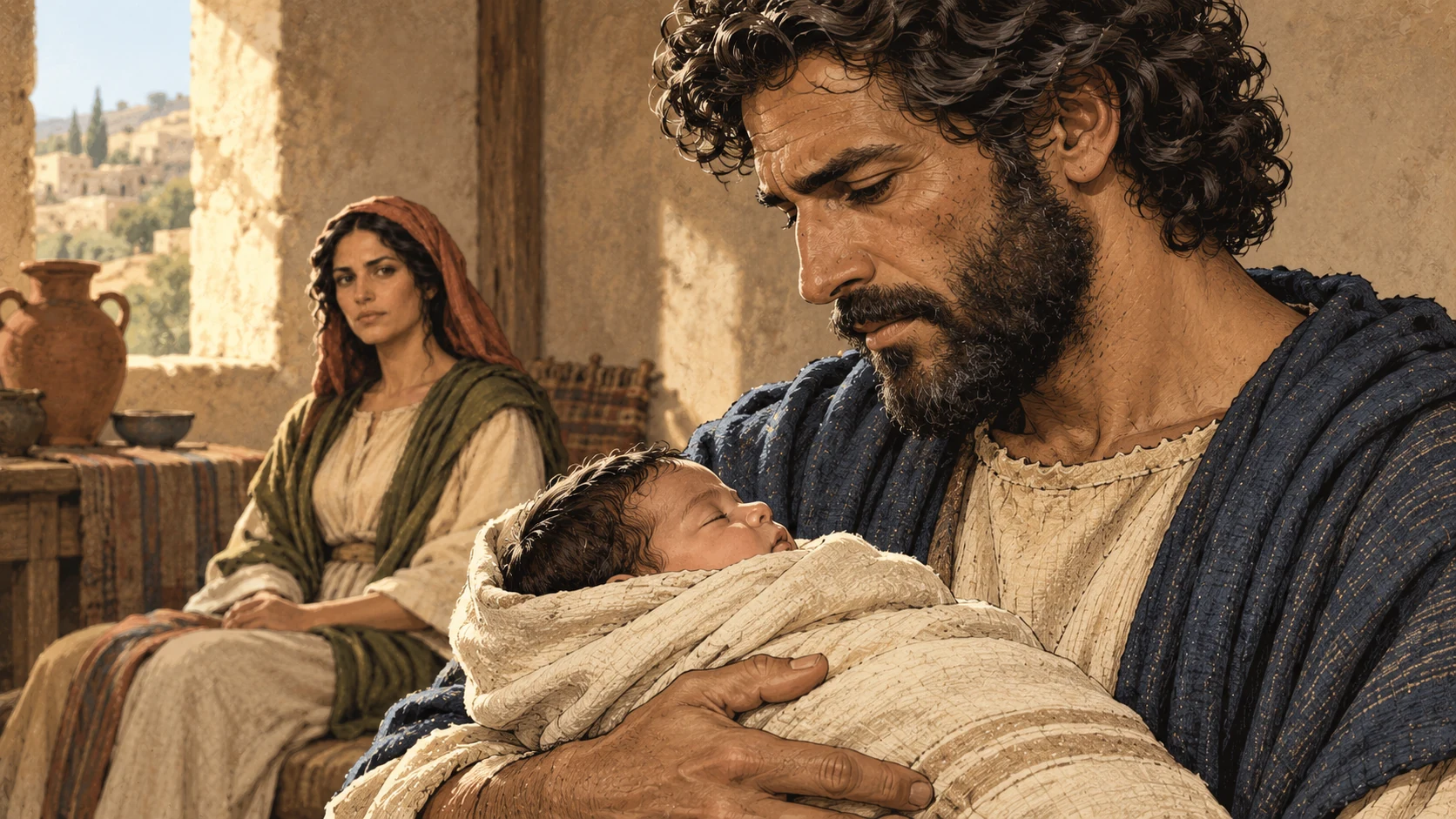 Close profile of Hosea holding the safely swaddled first son, with Gomer seated in the background.