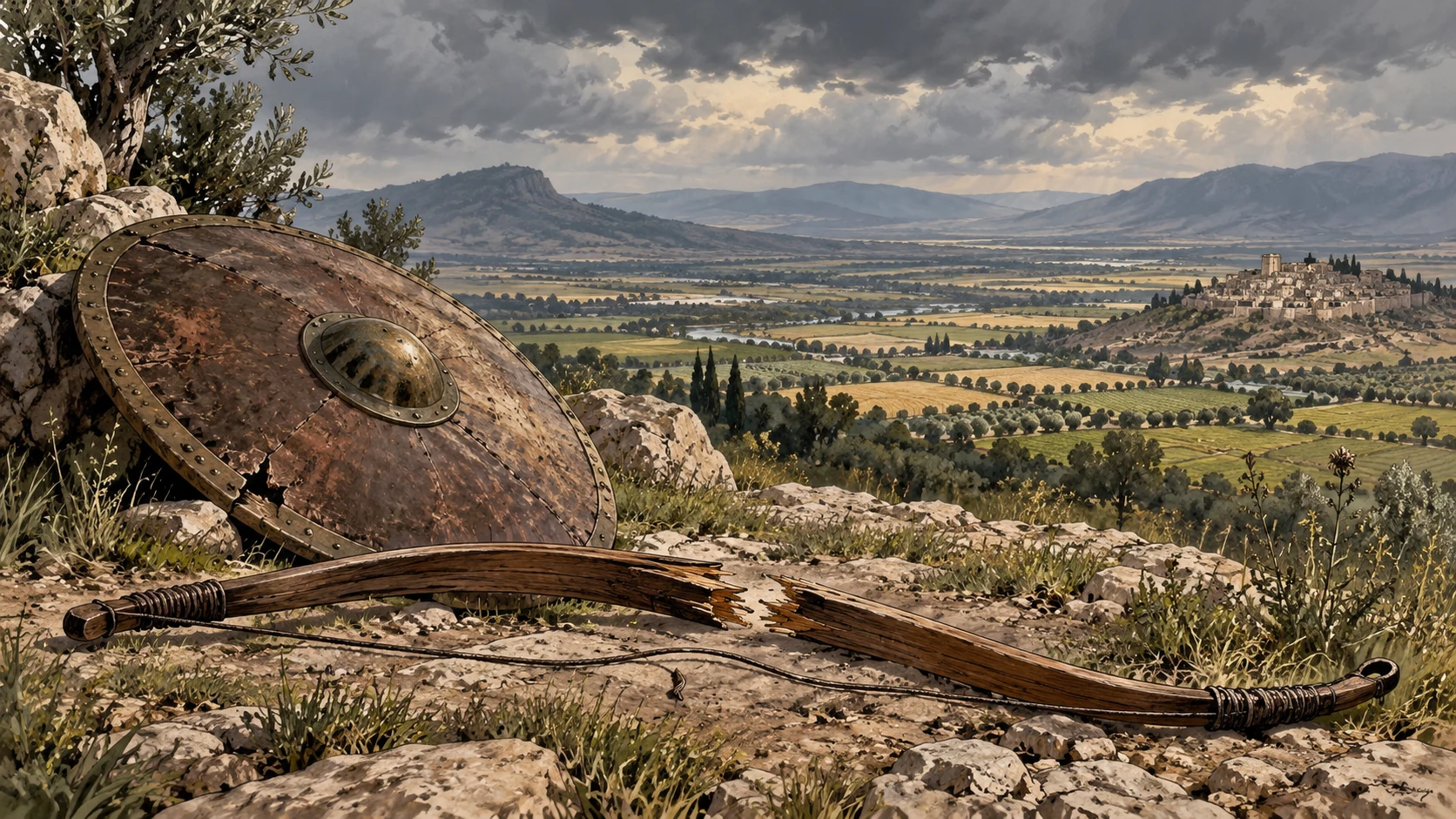 Prophetic metaphor, object-centered wide landscape of the fertile Valley of Jezreel with a broken wooden bow and fallen unlettered shield in the foreground. No combat, corpses or named figures; unsettled overcast sky.