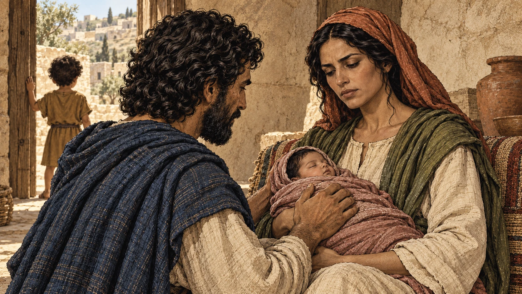 Gomer seated holding her newborn daughter safely swaddled in muted rose, Hosea kneeling beside her, tender protective hands and sober faces; older first son small and mostly seen from behind in simple ochre cloth at doorway, no lettering. Camera over Hosea shoulder frames mother and daughter; no supernatural speaker.