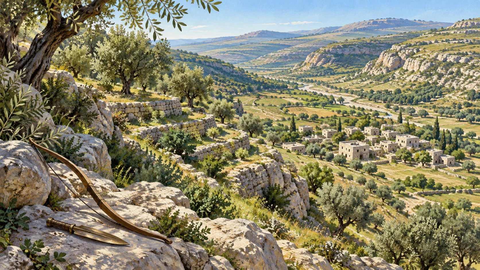 A high view across peaceful rocky Judah olive terraces at morning, with a small unused wooden bow and plain bronze blade laid aside; no warriors or cavalry.