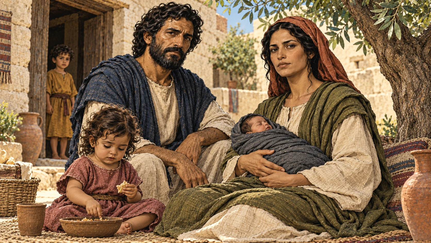 Gomer fully clothed seated near a household courtyard tree holding a new son safely swaddled in slate cloth. Lo-ruhamah now a little toddler in muted rose clothing sits beside an earthen bowl and cup, showing weaning by ordinary food, no breastfeeding. First son in ochre at background threshold; Hosea beside mother. Daylight, low intimate household viewpoint.