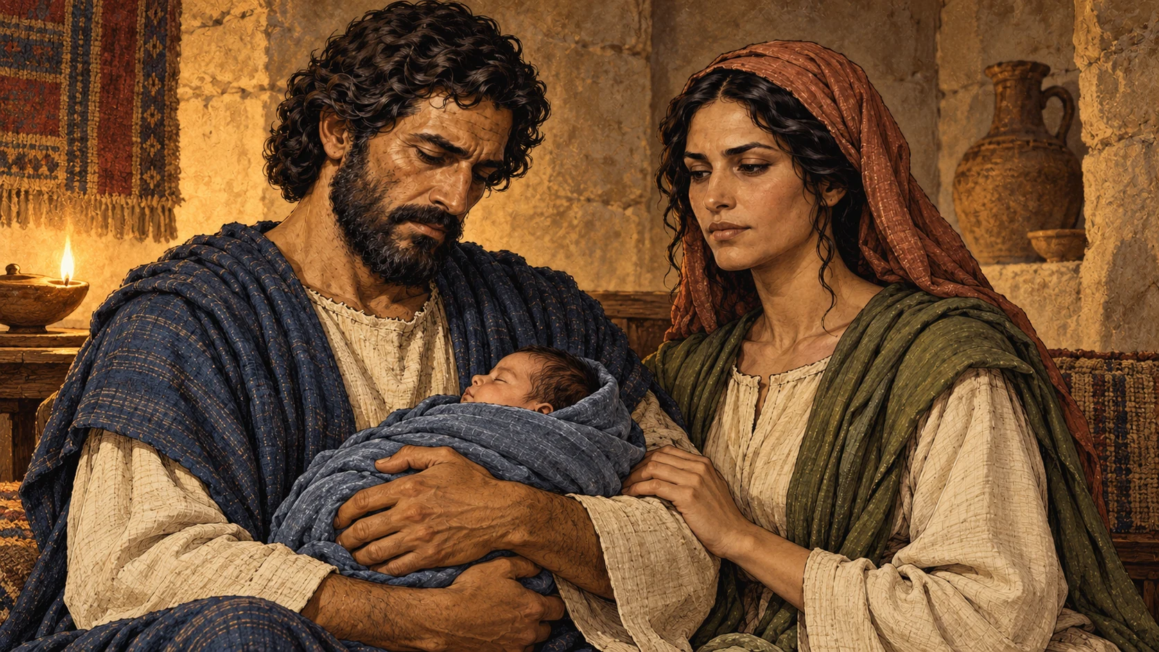 Hosea seated in lamplit limestone interior, protective arms holding the newborn son safely swaddled in slate blue, sober gaze lowered. Gomer in rust headcloth and olive shawl beside him, no other people prominent. Close quiet composition, no abandonment, no violence, no lettering.