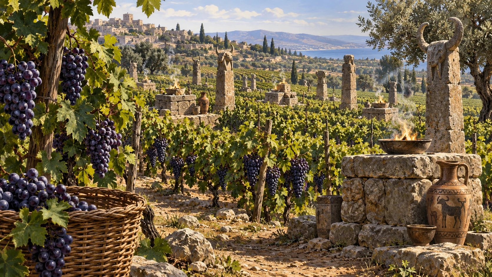 Wide lush northern vineyard with plentiful grapes while stone pagan altars and simple sacred pillars multiply between rows, no named worshipers.
