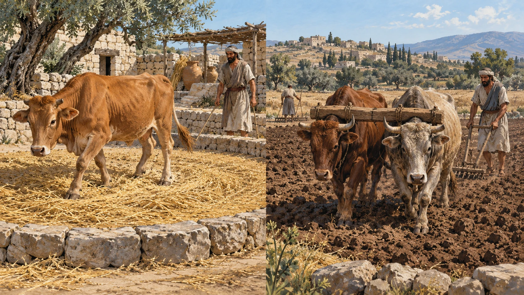 Two ordered agricultural views: left natural heifer calmly threshing on circular floor; right oxen under ordinary wooden yoke with distant farmers plowing and harrowing. No animal suffering or nation transformed into cattle.