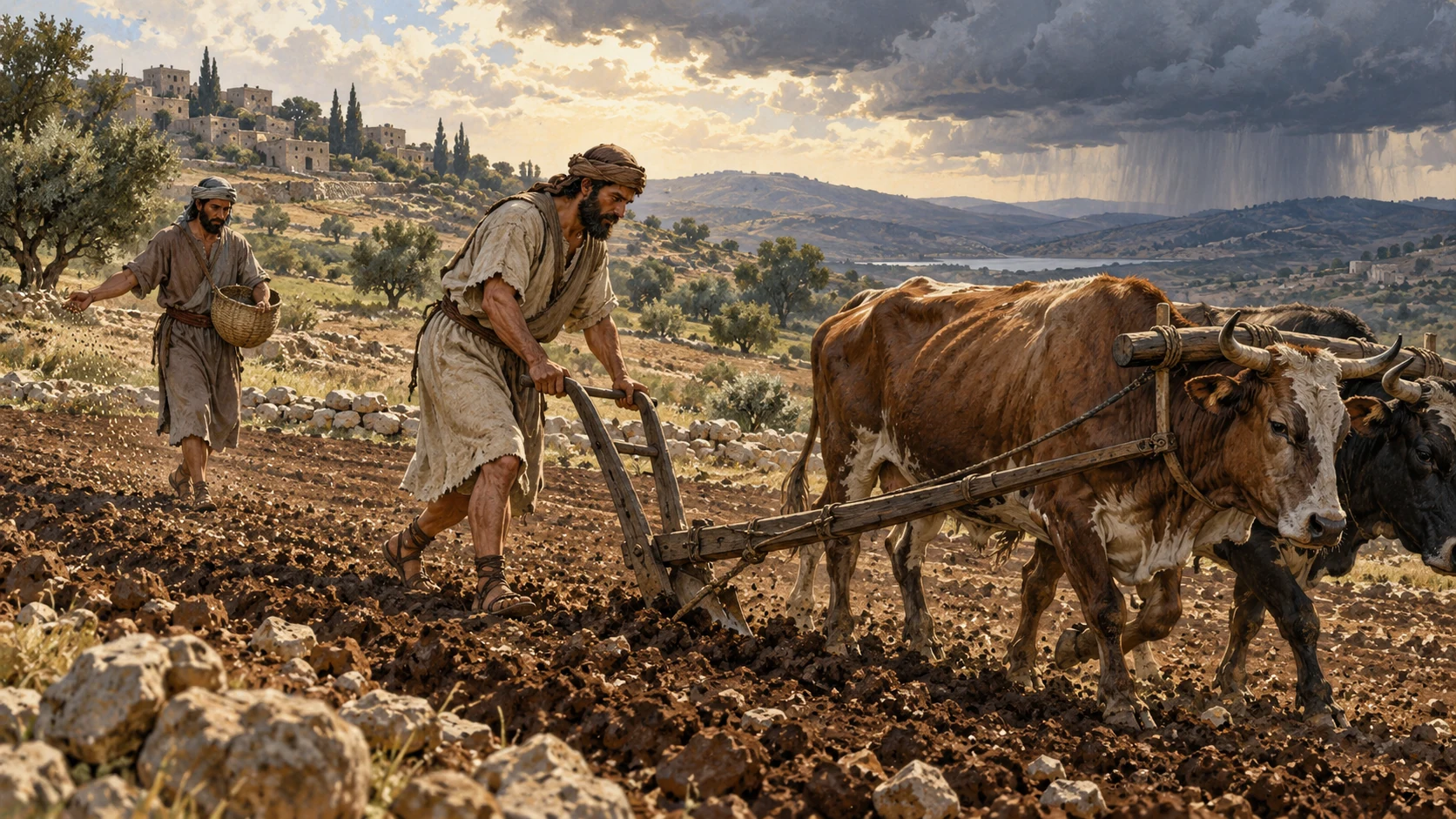 Anonymous farmer opens hard unplowed earth with period plow while another sows seed behind, early rain at distant horizon, no miracle figure or named ancestor.