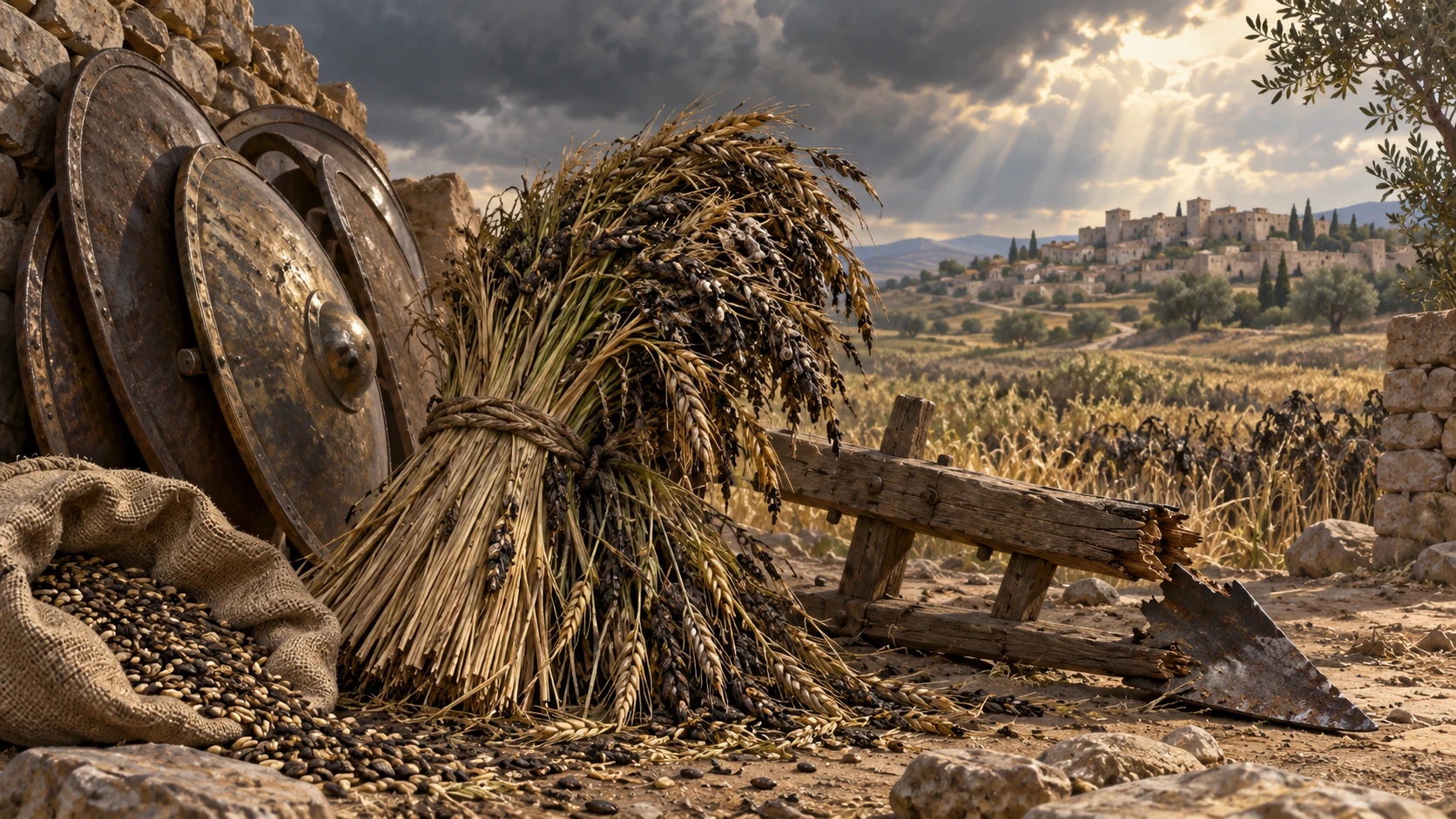 Dark diseased grain bundle beside broken farming implement and stacked unlettered shields, object-led image illustrates agricultural warning without invented attack.