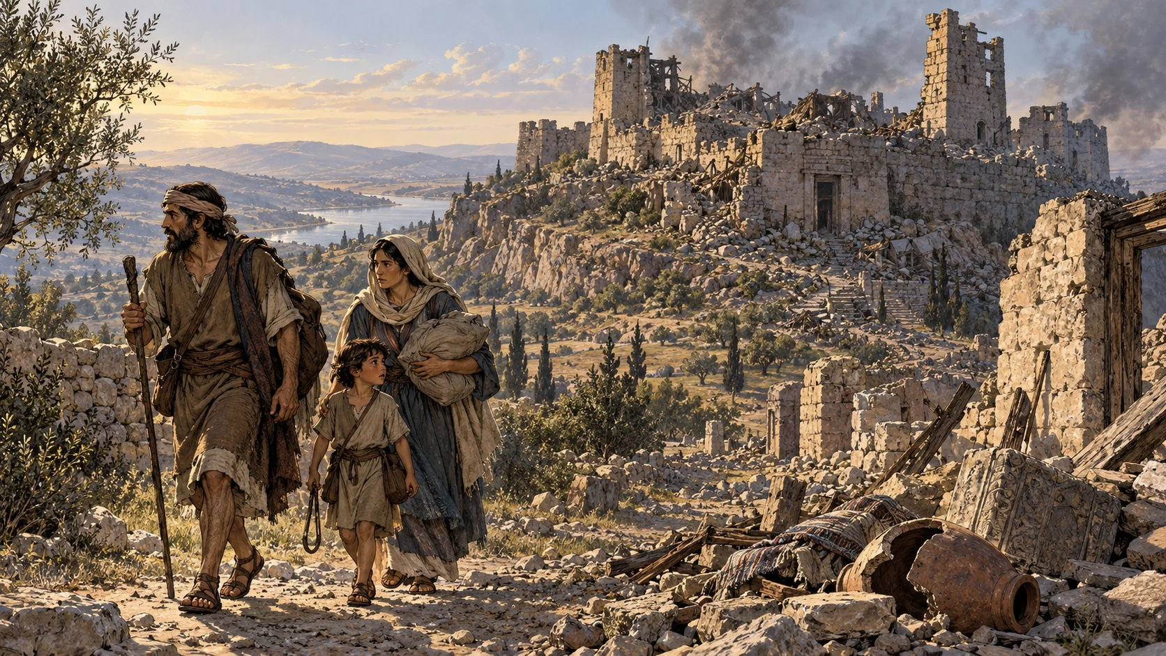 Wide devastated ancient fortress, abandoned safely empty household carrying sling and small sandals near rubble, no bodies, child harm, attack or specific reconstruction of Beth-arbel asserted.