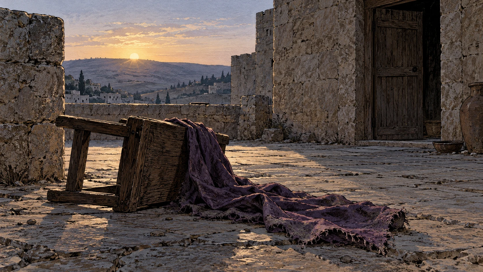 First pale dawn over deserted northern royal courtyard with fallen plain seat and loosened royal cloth, no corpse or unsupported named king.