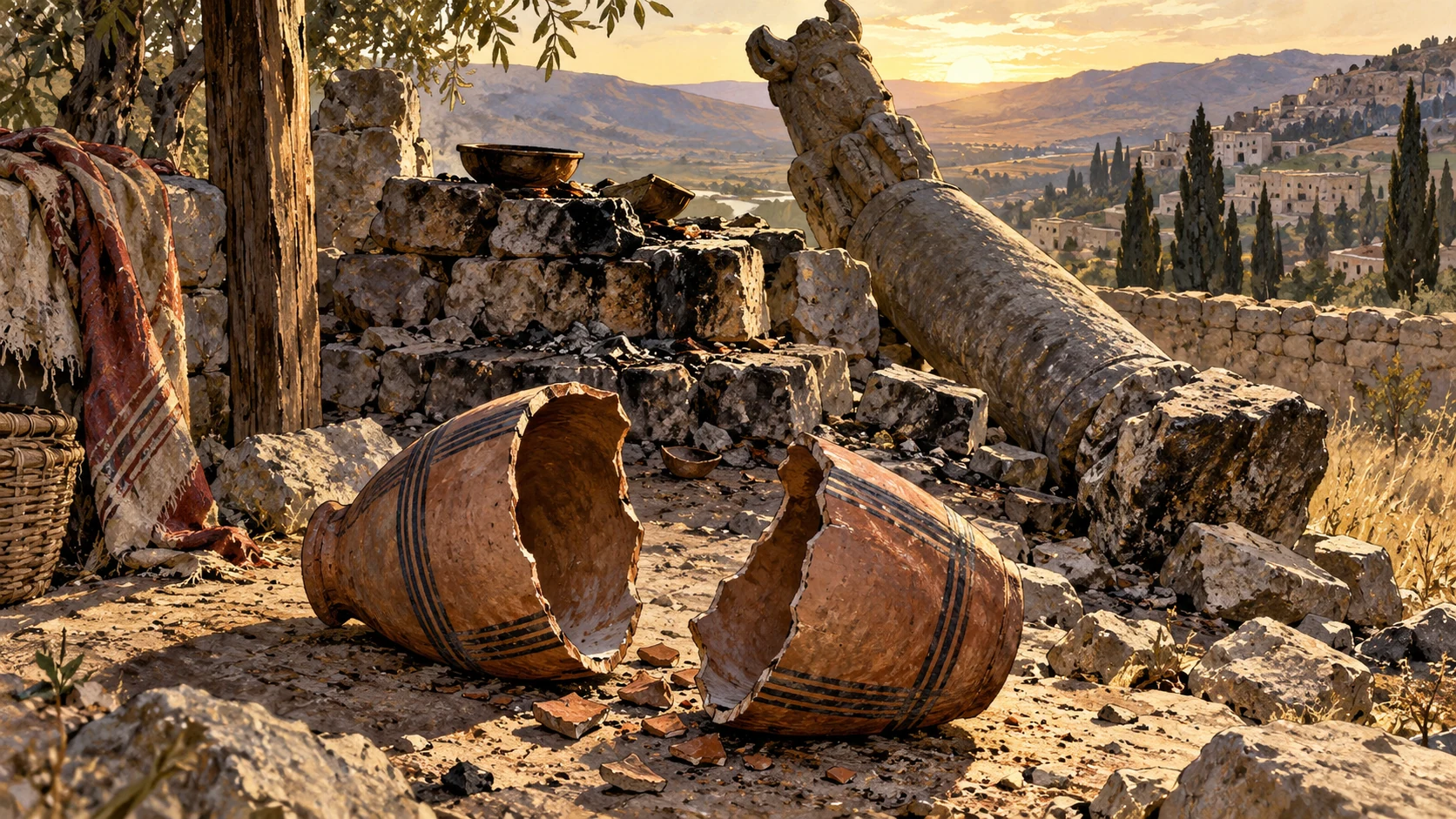 Object metaphor: two separated halves of an ordinary household vessel beside collapsed small altar and toppled pillar, high close view, no giant divine hand.
