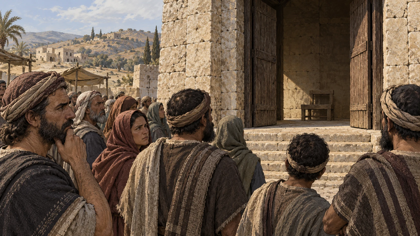 Anonymous townspeople stand before an empty royal gate with vacant plain seat inside, skeptical sober faces, no historical king portrait or lettering.