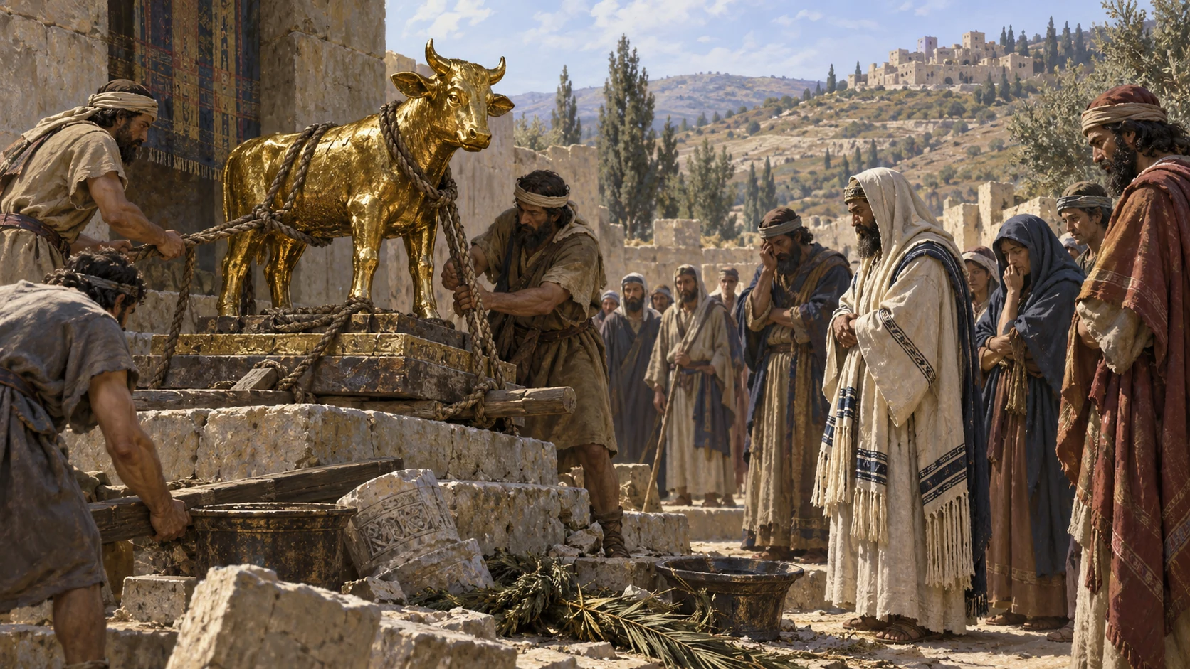 Anonymous fully clothed priestly and ordinary adult figures face a small gilded calf idol being prepared for removal, grief restrained, no known named people or actual deity.