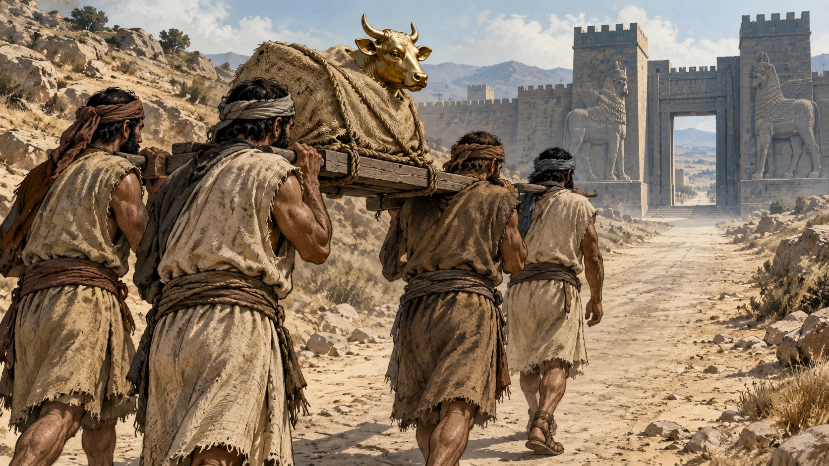 Small gilded calf idol secured on plain wooden carrier borne by anonymous adult porters toward distant Assyrian gate, no named king or triumph parade.