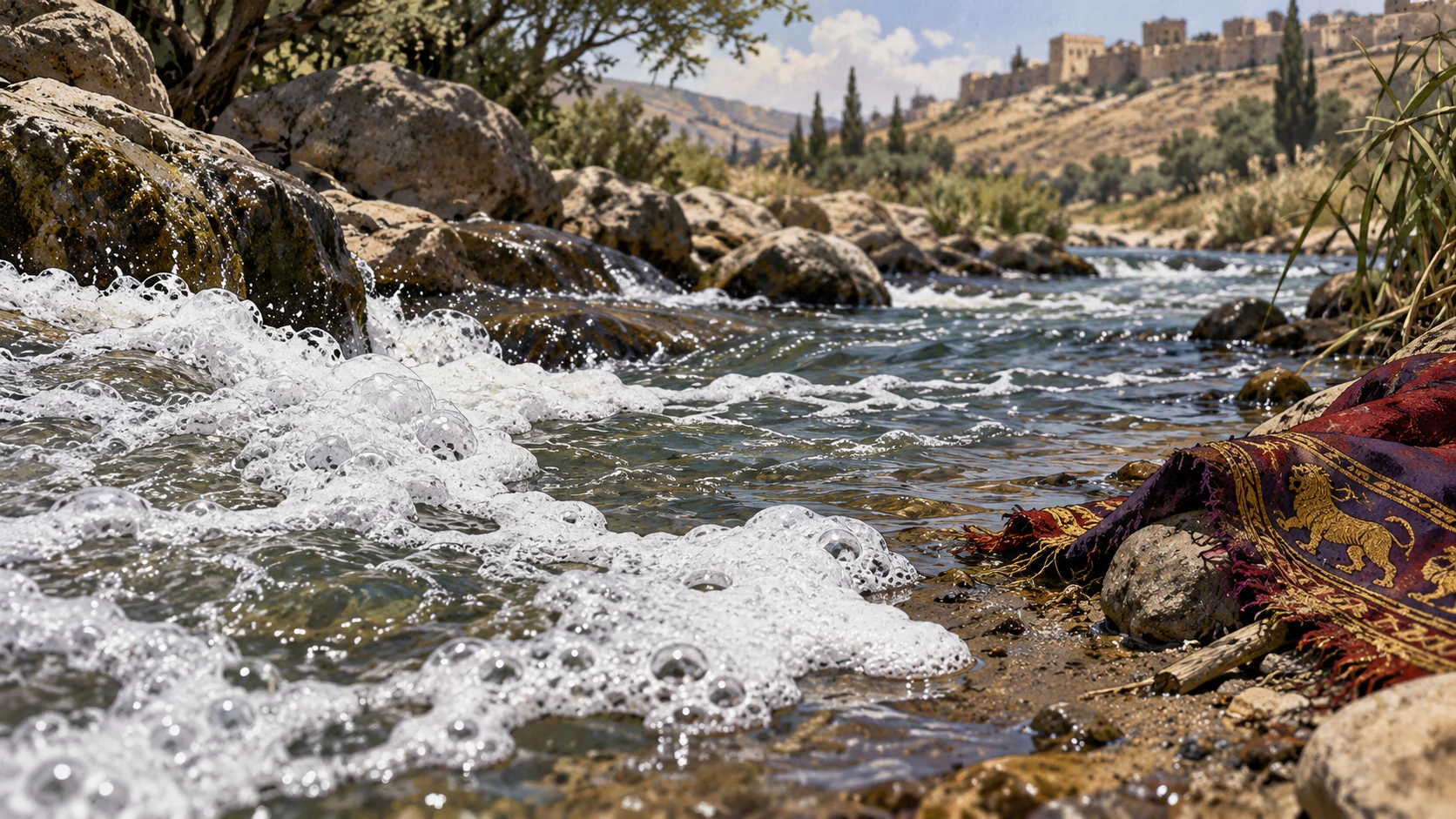 Macro white foam dissolving in moving stream beside a tiny fragment of royal colored cloth on bank, no drowning king, literal prophetic water comparison.