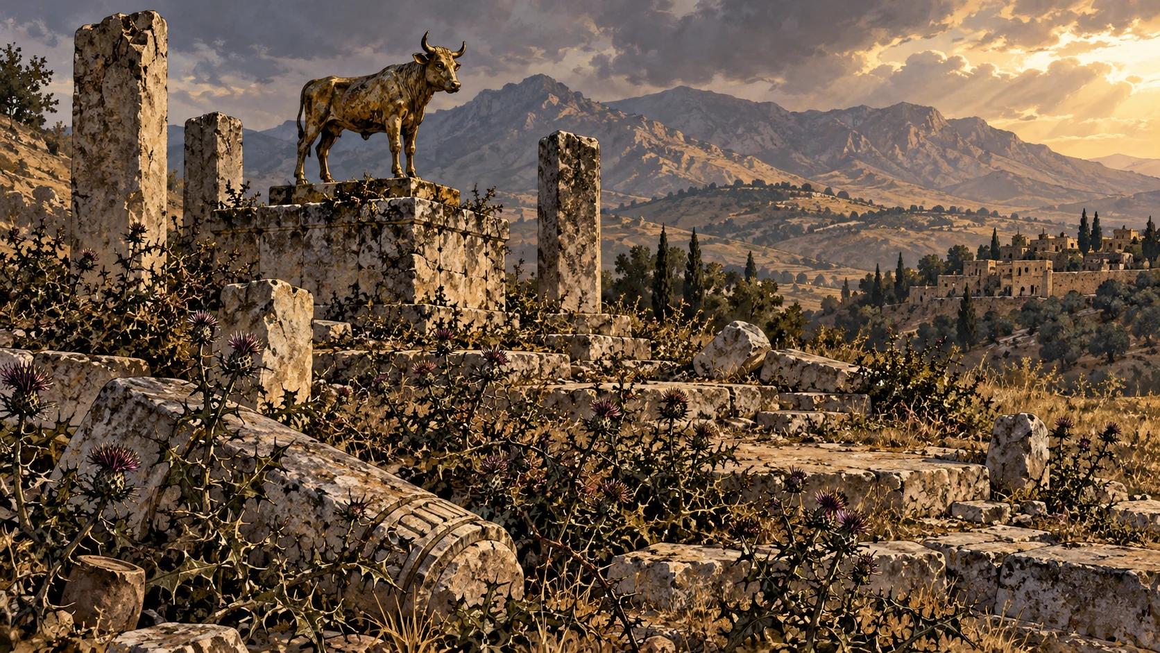 Wide ruined hill shrine overtaken by thistles below looming mountains, no mountains falling on bodies or words in sky.