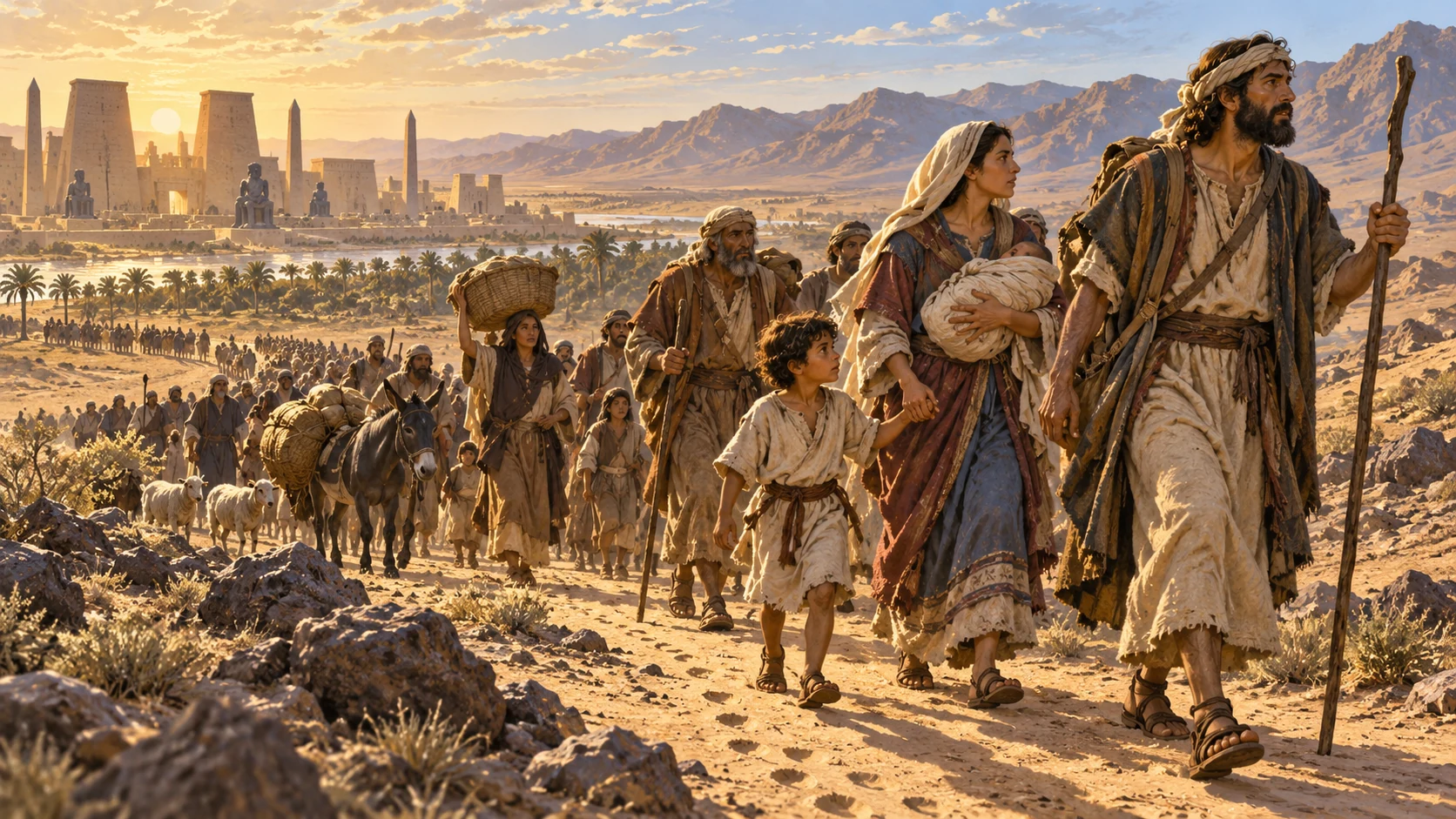 Wide anonymous ancient families leave Egyptian-style distant desert dwellings toward open road, child-sized footprints in foreground. Collective Exodus remembrance, not Hosea infant son or a New Testament flight scene.