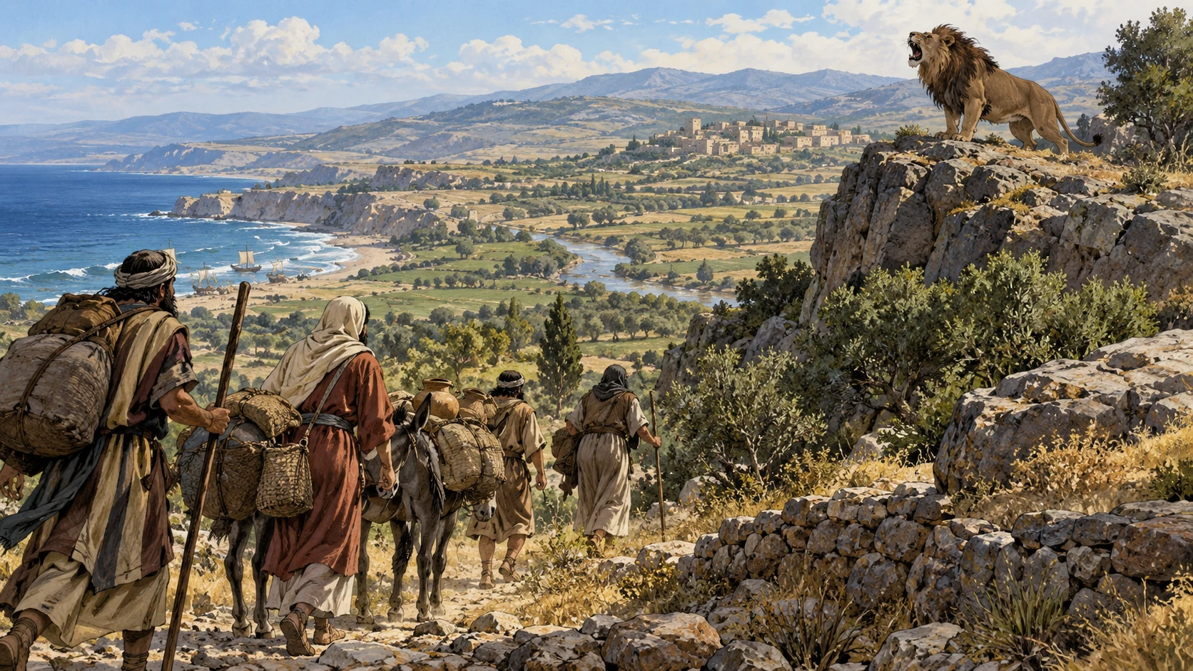 Natural lion on distant ridge roaring away from small anonymous travelers coming from western coast across valley, no lion physically leading people or attacking them; clear prophetic simile.