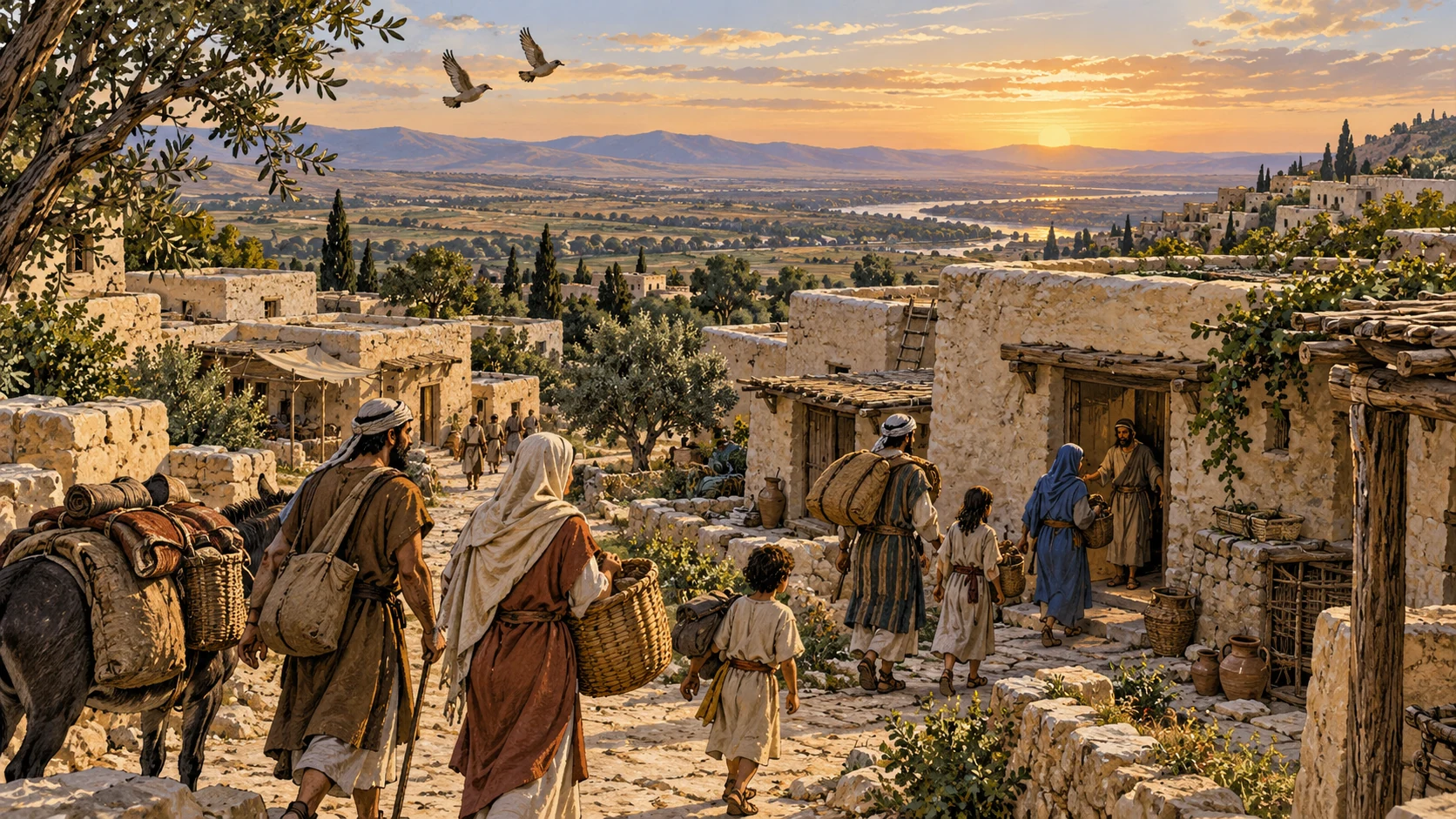 Two natural birds cross above anonymous returning families entering intact modest northern houses, distant desert horizon, hopeful wide high view, no wings on humans.