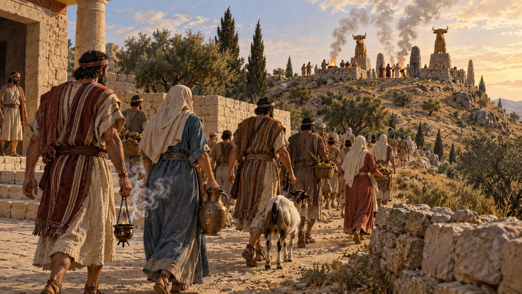 Anonymous adults move away from a plain communal court toward small hilltop Baal shrines with rising incense, rear diagonal viewpoint, no God as caller or specific dialogue.