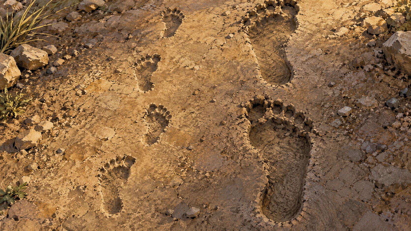 Close small child footprints progressing from hesitant to steady across soft earth beside adult footprints, safely empty setting, national parental metaphor without depicting Yahweh as a human parent.