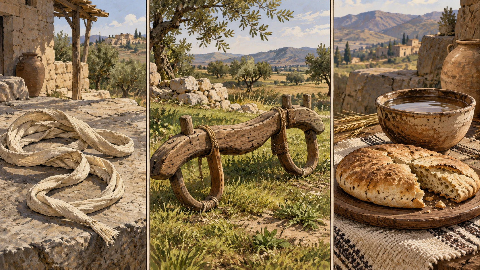 Three ordered object views in one 16:9 triptych asset: soft slack linen cord at left, loosened wooden farm yoke on grass center, plain bread and full bowl at right. No human divine provider or Gomer household.