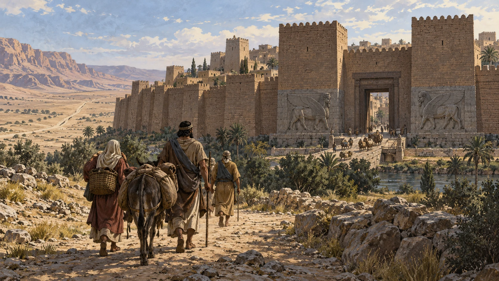 Anonymous travelers approach imposing distant Assyrian gate, Egyptian desert road lies empty behind, no portrait of an Assyrian king, dignified nonviolent wide view.