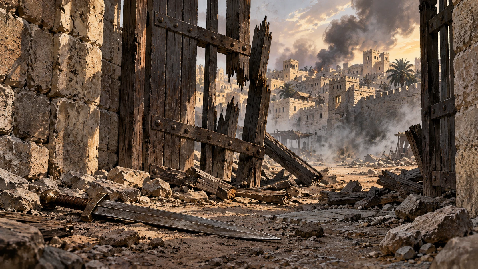 Broken city gate bars and fallen sword under drifting smoke, no sword floating magically or injured people, architectural consequence of oracle.