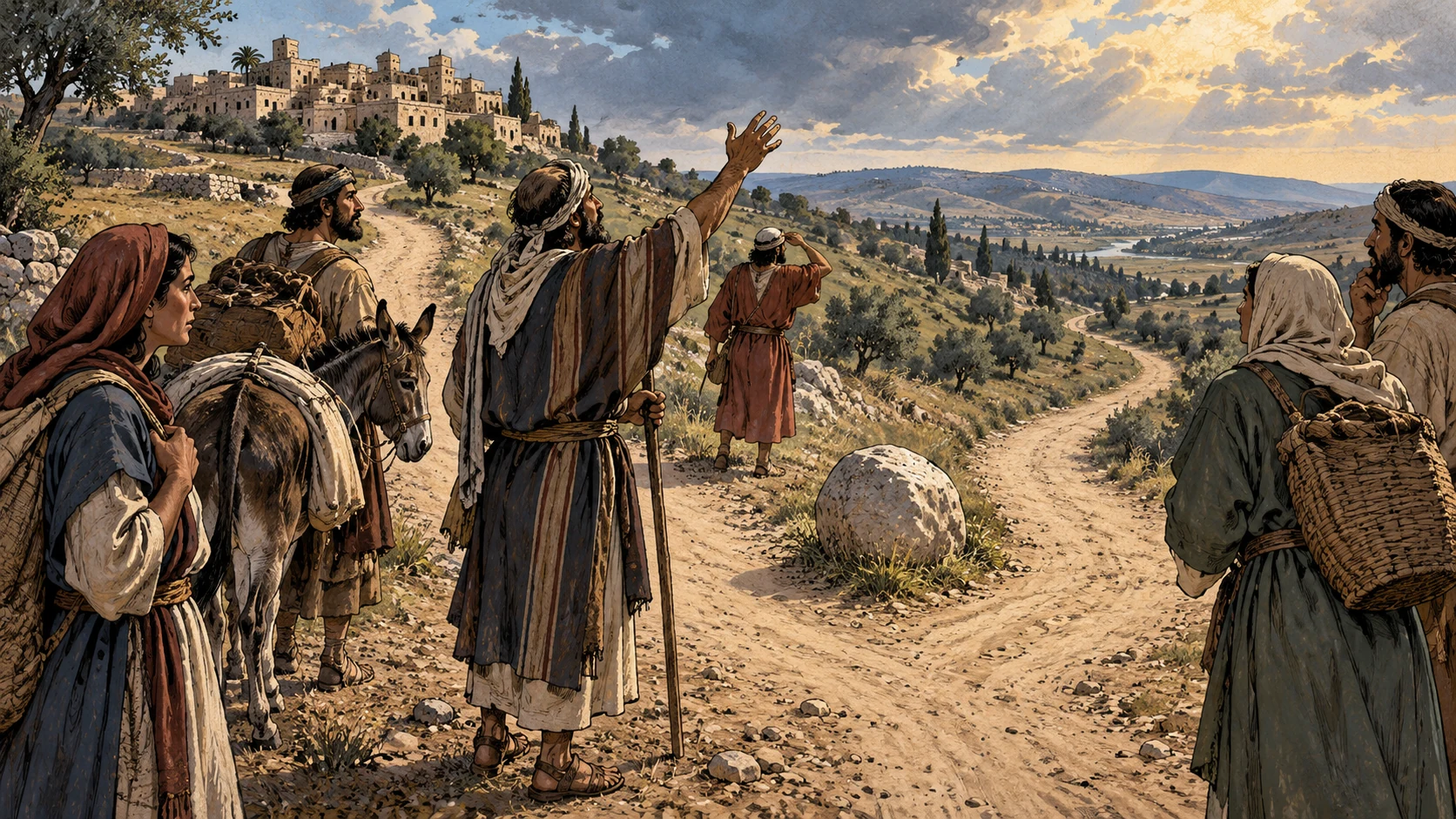 Anonymous adults cluster at a forked road, some lift hands toward empty sky while paths bend away from settlement, no divine silhouette or specific prayer quotation.