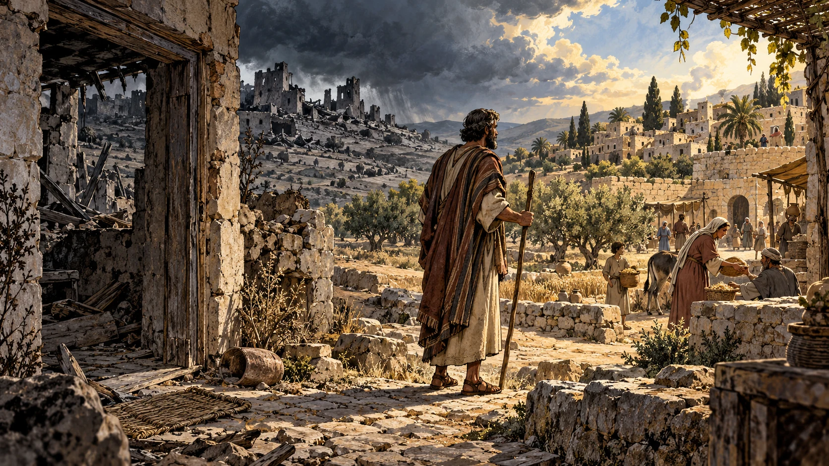Ruined town at far left contrasts with inhabited northern town at right under storm-clearing light, empty abandoned threshold foreground. Prophetic choice and compassion, no divine face or human heart anatomy.