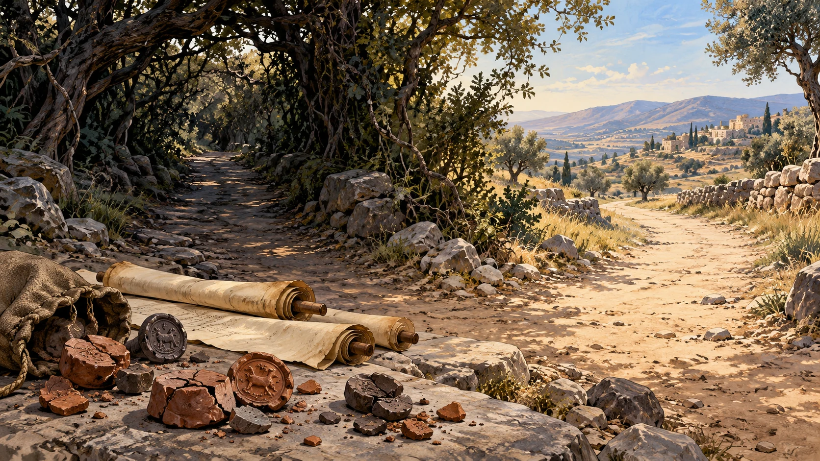 Two ancient regional paths beside scattered broken merchant seals and unlettered agreement scrolls, one pathway shaded and tangled, the other open toward southern hills; no imposed resolution of difficult Judah wording.
