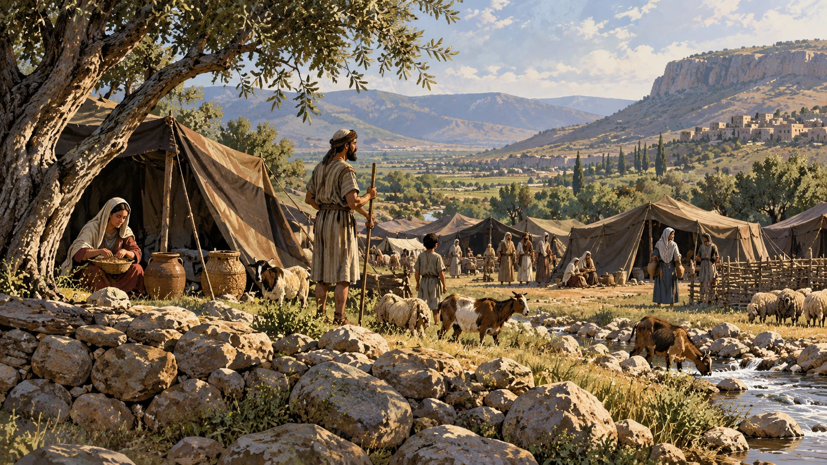 Wide simple ancient temporary tents in a northern valley, people small and dignified, no specific festival ritual invented or present-day refugees.