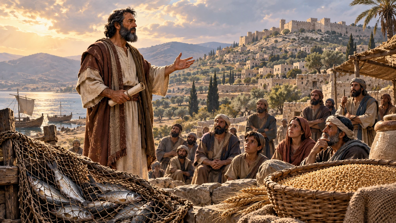 Anonymous fully clothed prophet holds an unlettered scroll before distant community, foreground object inserts of net and grain illustrating parables, no vision reported as literal event.