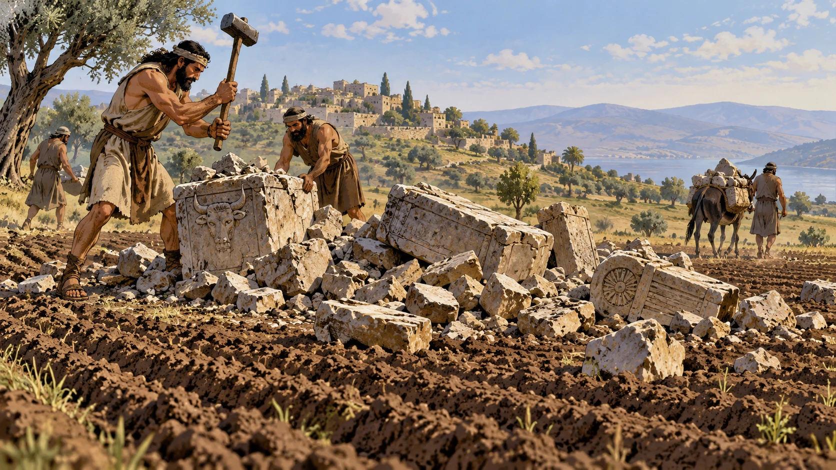 Broken stone altar heaps scattered across plowed field, natural farm furrows foreground, no sacrifice gore or unsupported specific excavation.