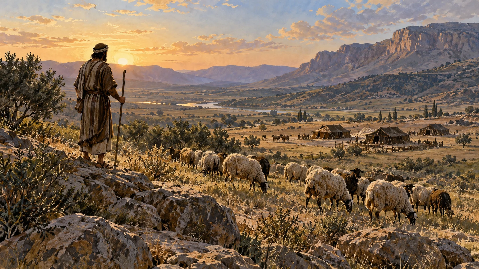 Distant allusive pastoral view of a lone adult shepherd watching small flock on Aramean open field, simple tents beyond, face too small to define, no new romance scene or named woman.