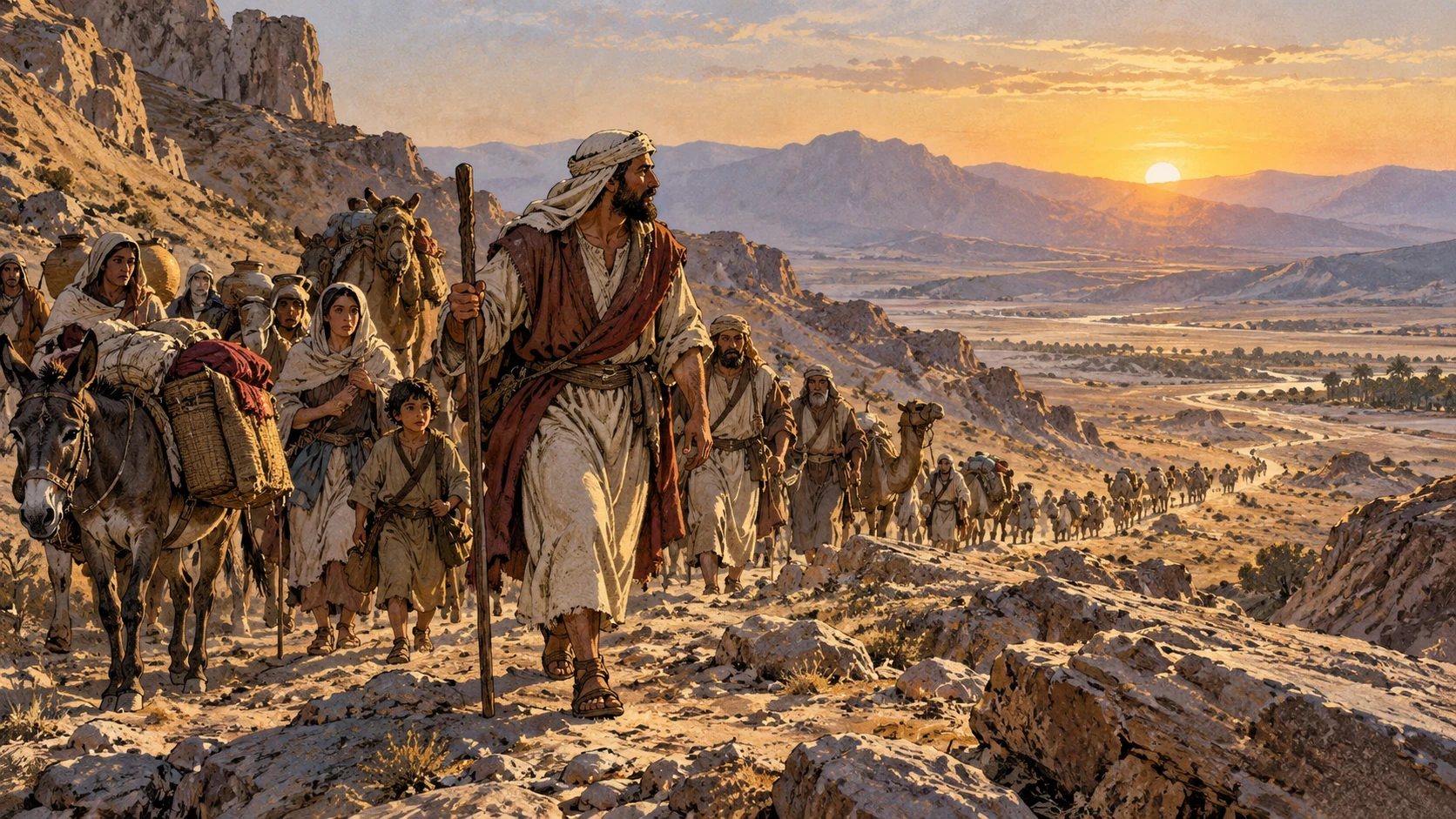 Distant anonymous ancient caravan crossing desert under guidance of small adult leader, no Moses close likeness, parting sea or new miracle; contextual ancestor remembrance.