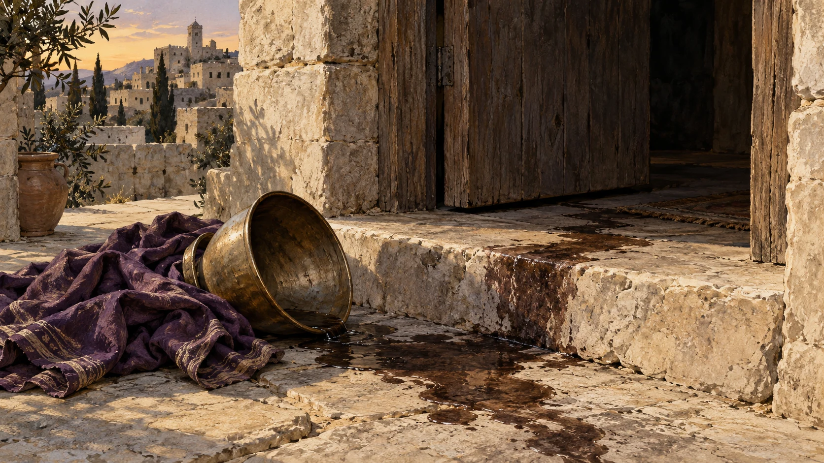Unwashed dark trace on city threshold beside overturned ceremonial vessel and abandoned royal cloth, no body, torture or physical punishment of a named person.