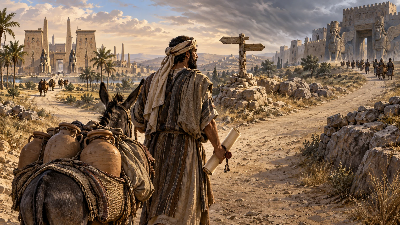 Dusty east wind over travel crossroads, plain oil jars on pack donkey heading toward Egyptian-style distant gate, unlettered treaty scroll toward Assyrian-style distant gate. Symbolic regional diplomacy, no named ambassadors.