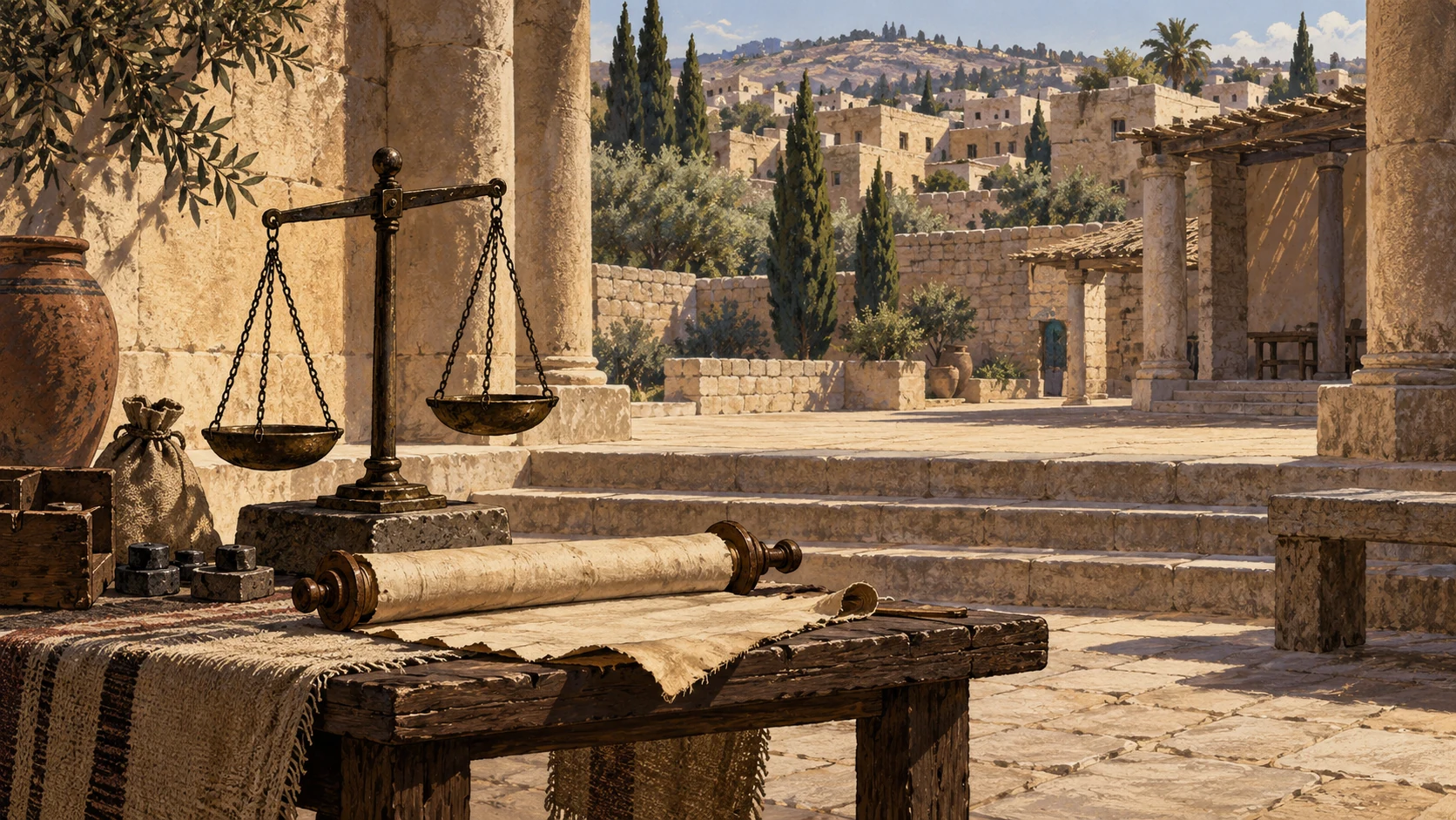 Empty southern court with ordinary stone weighing scales and neglected unlettered covenant roll, no judge portrait or ancestor depicted as living present-day nation.