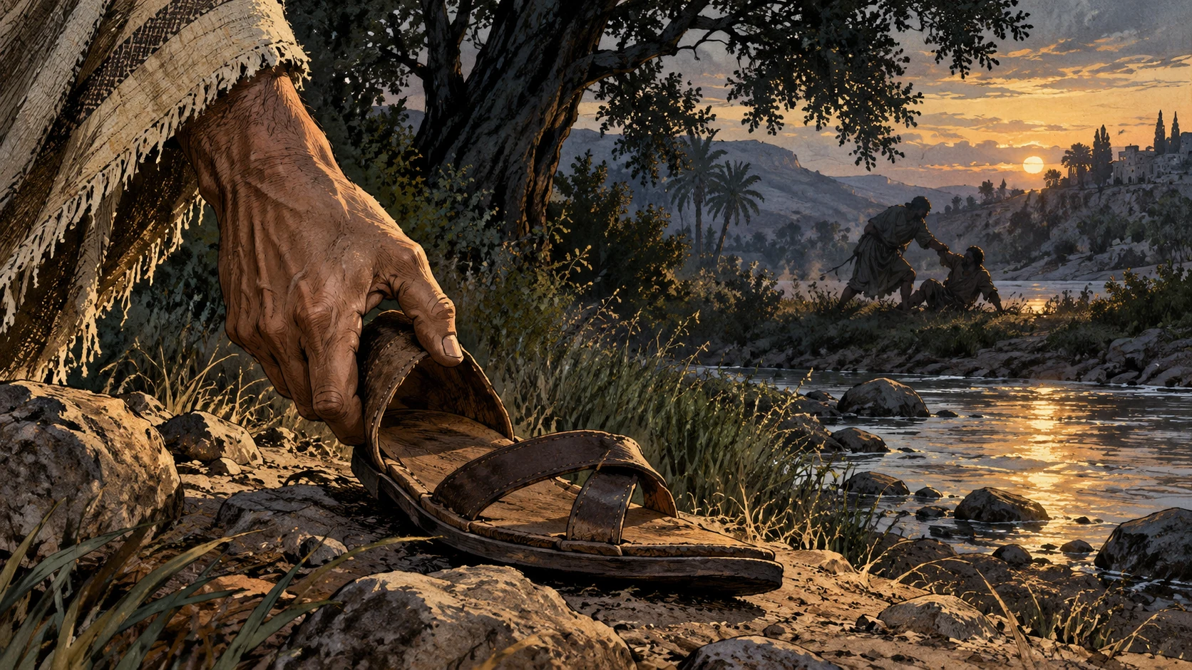 Symbolic close adult hand grasping the back of a simple sandal at a heel, then distant shadowed human struggle beyond a riverside clearing. No fetal anatomy, explicit allusion rather than contemporary scene.