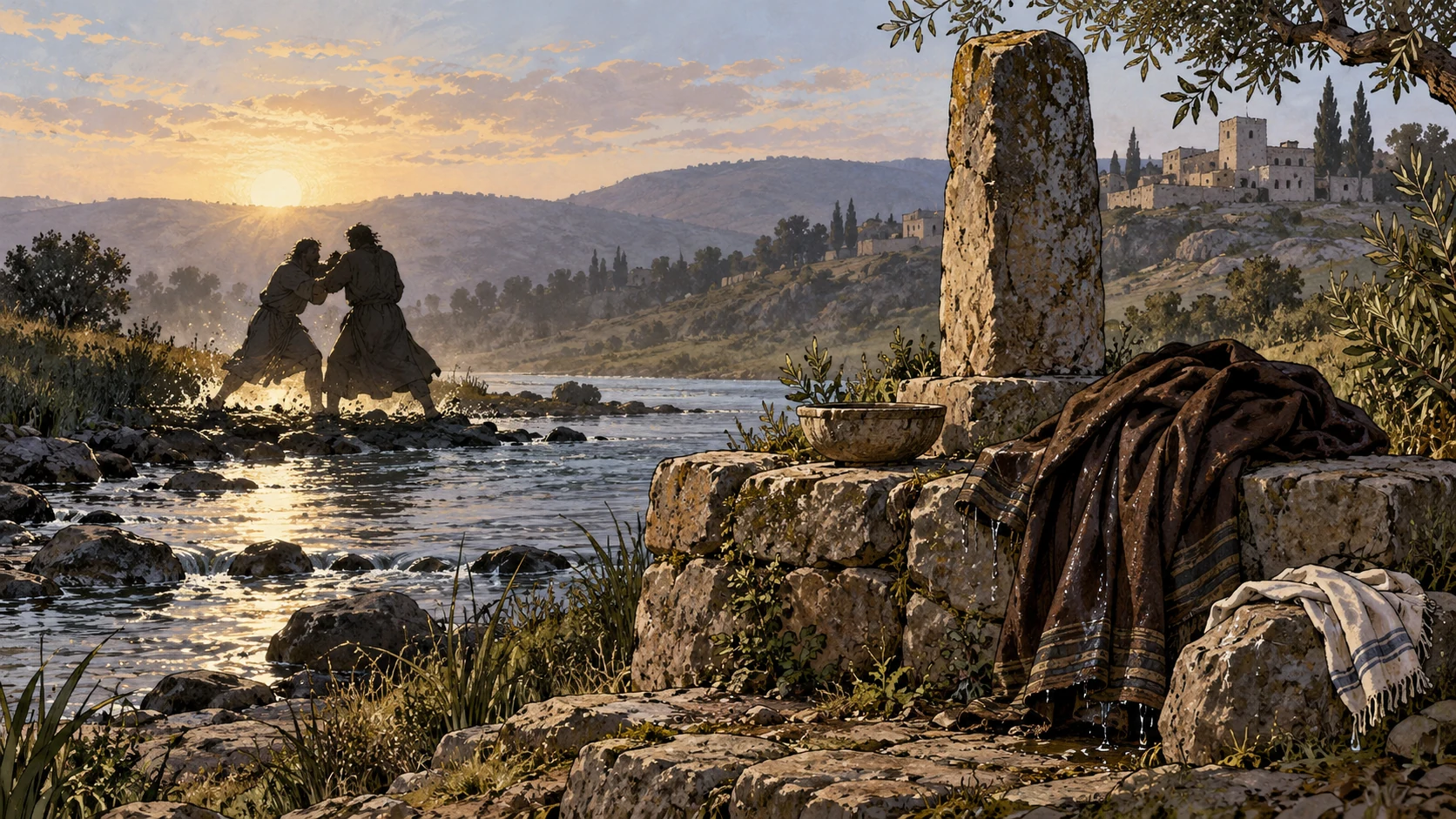 Two ordered restrained allusive views: left two distant fully clothed adult silhouettes grapple without weapons by riverside, faces unreadable; right empty Bethel-like stone marker with damp cloak and tear-wet cloth nearby. No God portrait, wings, halos or invented angel costume.