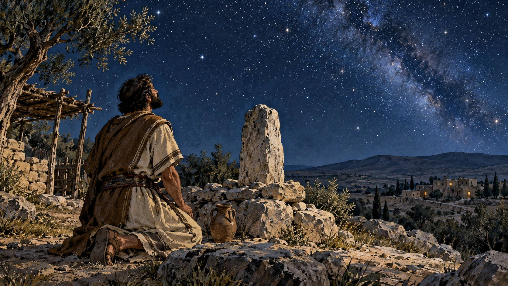 Wide open starry sky above humble northern Israel stone marker, no name written, no celestial army, human deity or supernatural face.