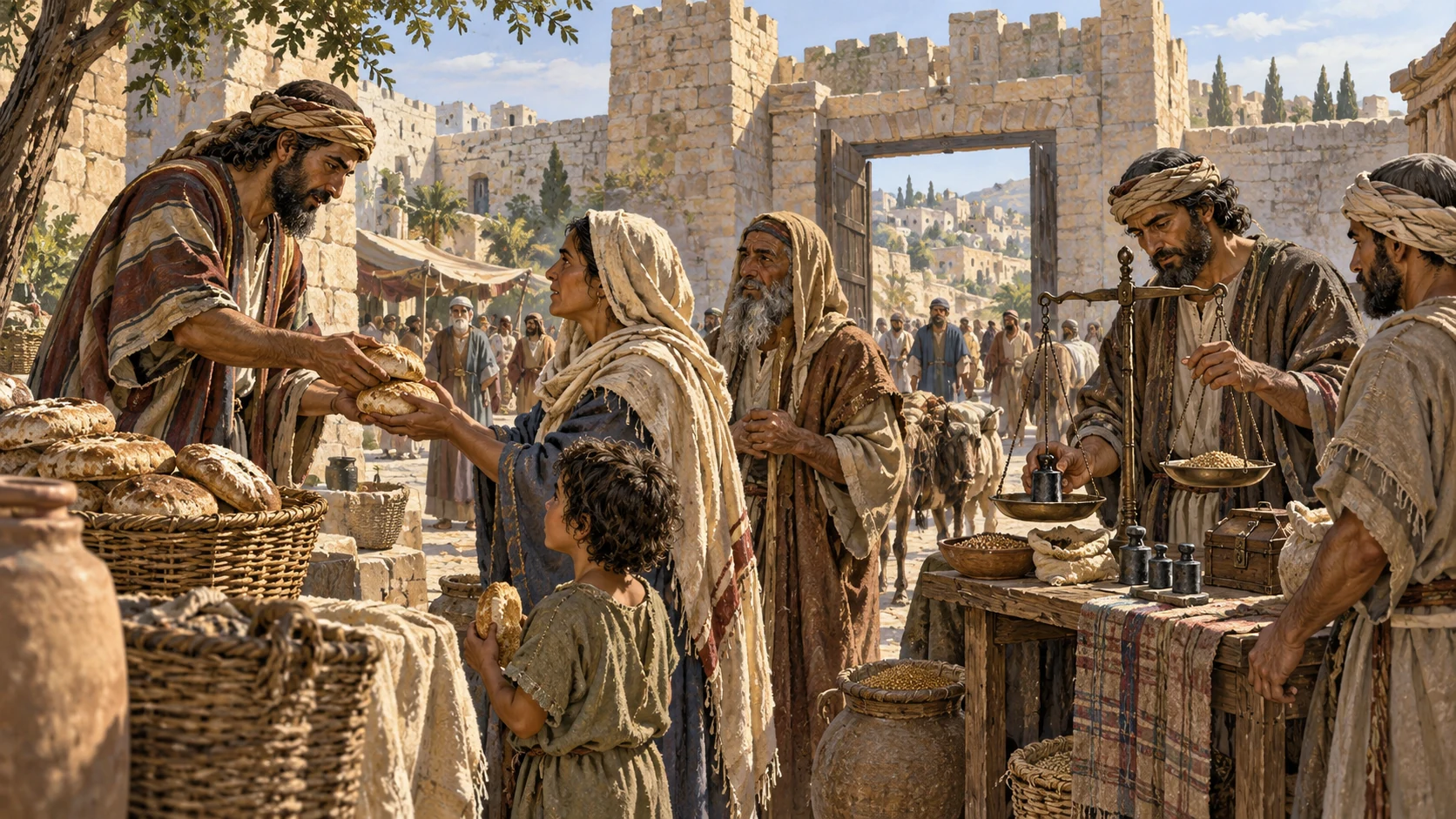 Anonymous adults share bread and use balanced plain merchant scales at town gate, patient sober faces, wide ordinary civic care as teaching illustration.