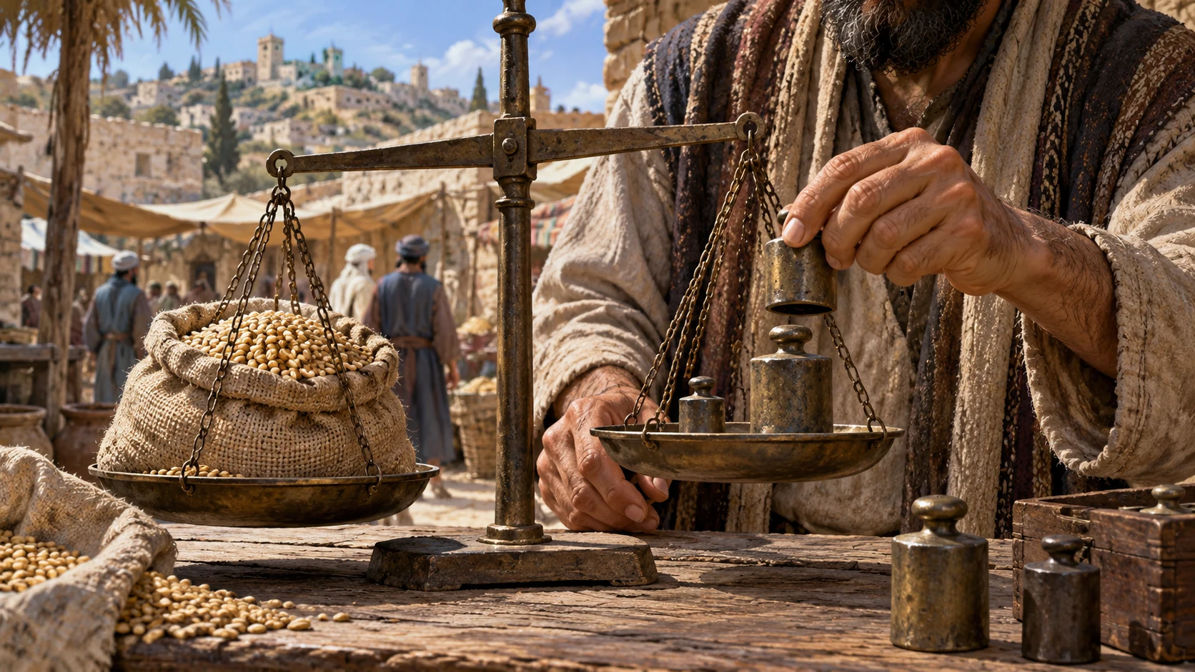 Close ancient unequal balance scale with disguised heavier weight and grain sack, anonymous adult merchant hands, no caricature or named person.