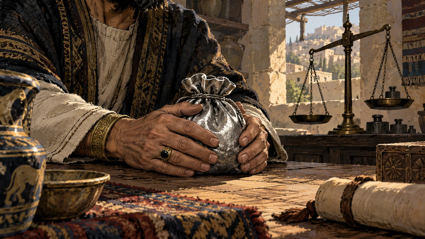 Anonymous prosperous adult’s hands rest protectively on full unmarked silver pouch while uneven scales shadowed behind, no Ephraim portrait, quoted speech or modern coins.