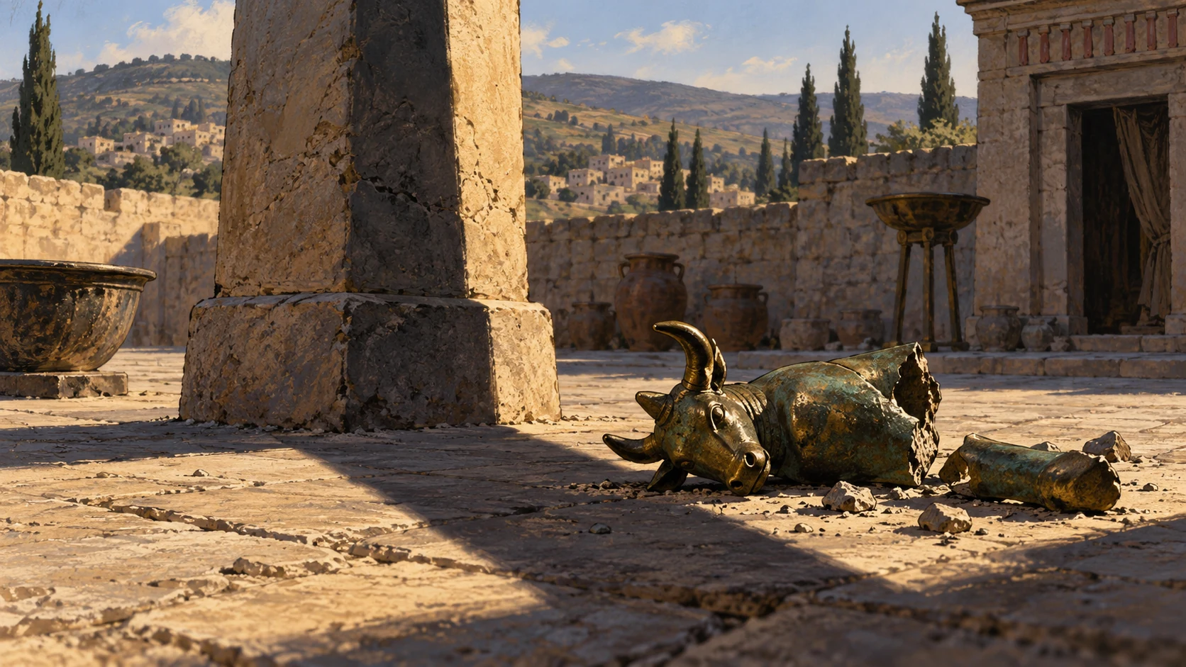 Tall unlettered pillar shadow falls across a toppled small Baal figurine in empty northern court, no human Ephraim body or literal national death.