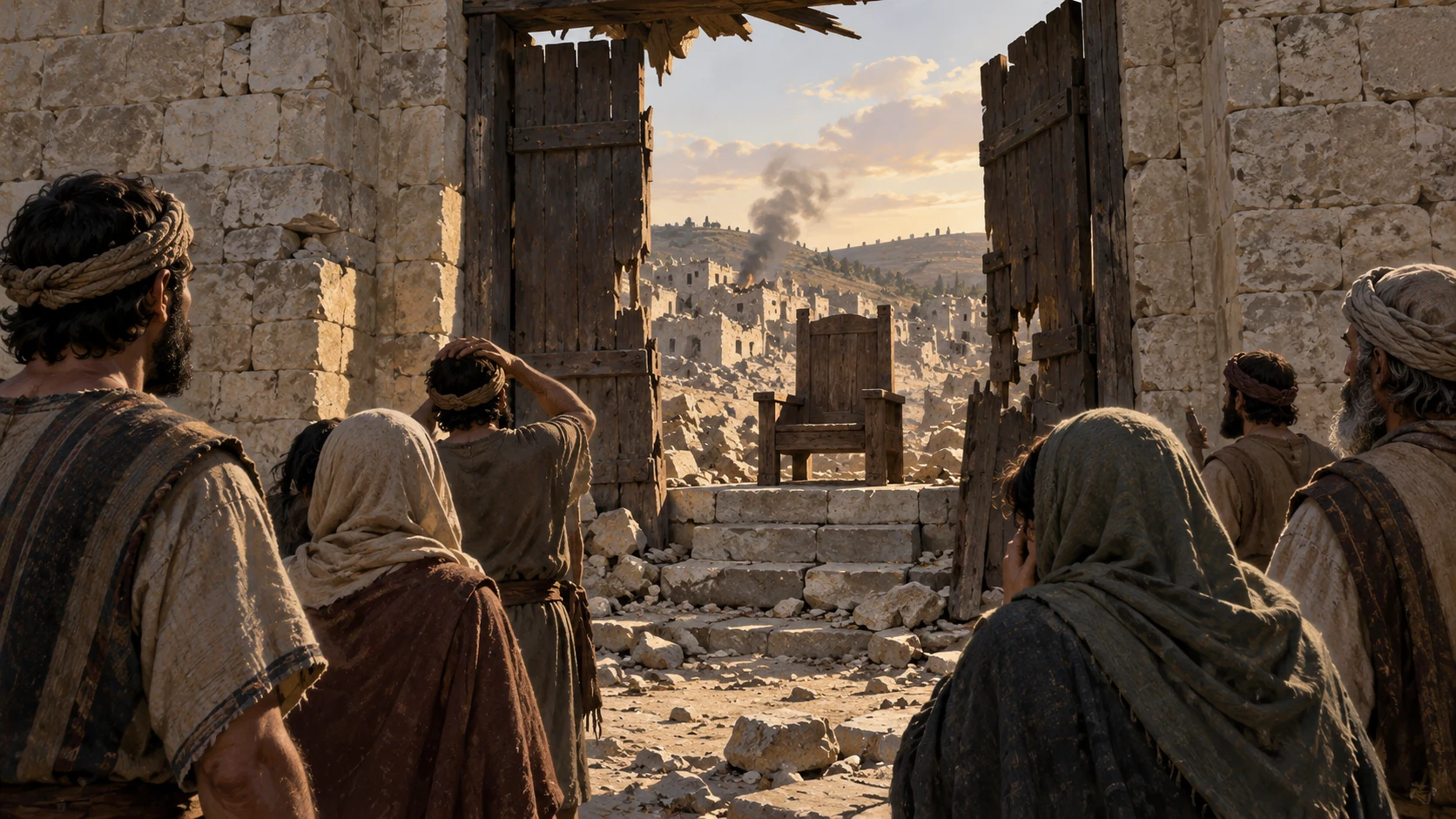 Vacant royal seat behind a broken city gate, anonymous adults look toward empty archway, no named king portrait, execution or generated question text.