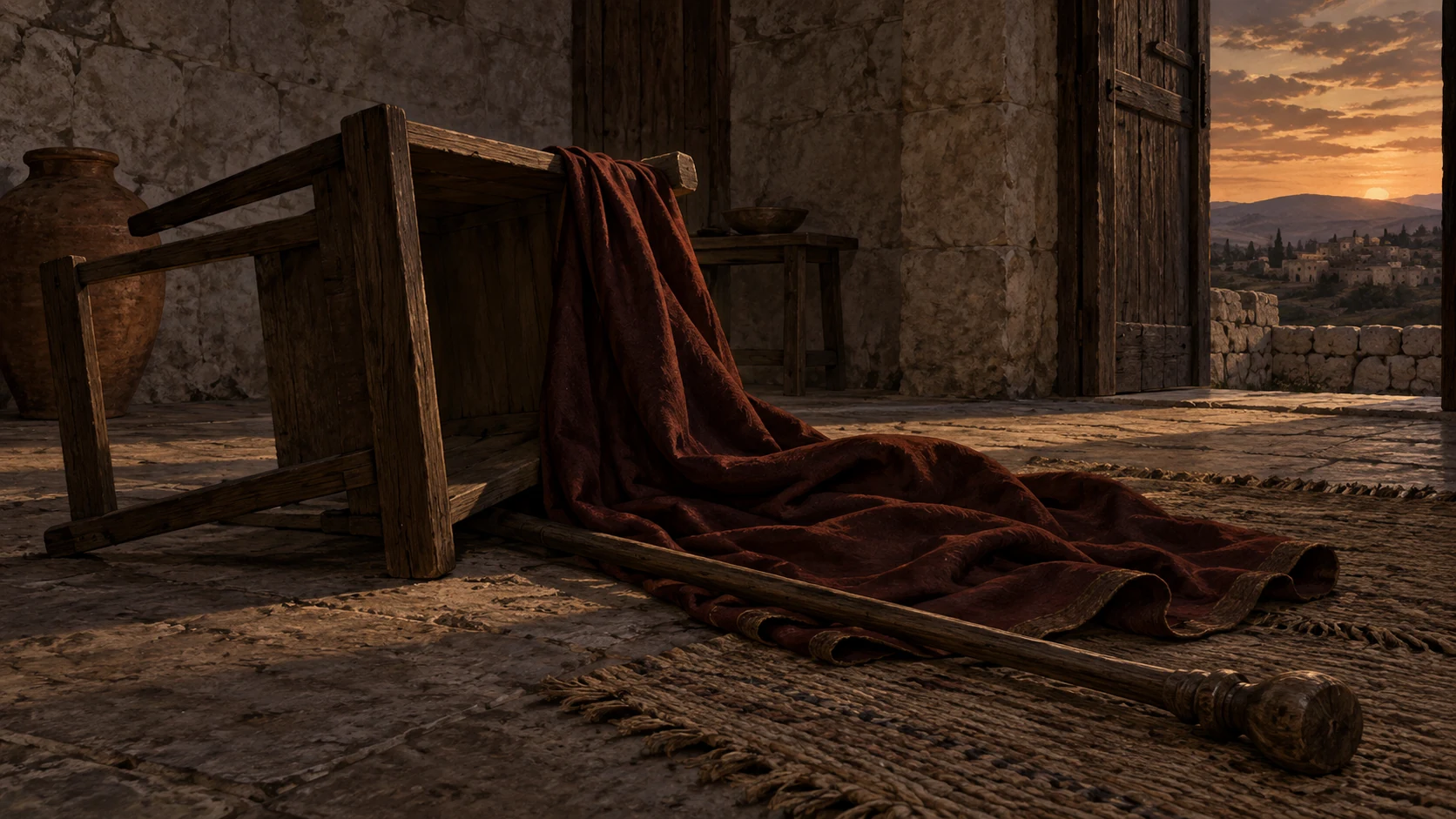 Plain royal mantle and unmarked staff laid beside overturned empty chair, late dim light, no divine handing over a crown or identifiable historical monarch.