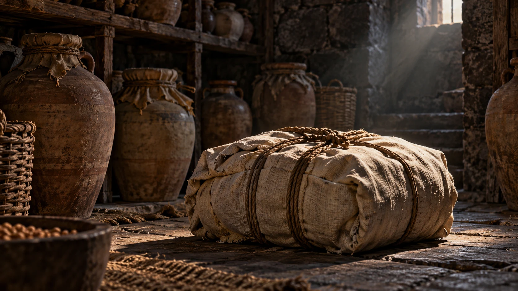 Close tied plain bundle in dark stone storeroom among sealed unlettered jars, no invented written charge sheet, literal supernatural prison or named culprit.
